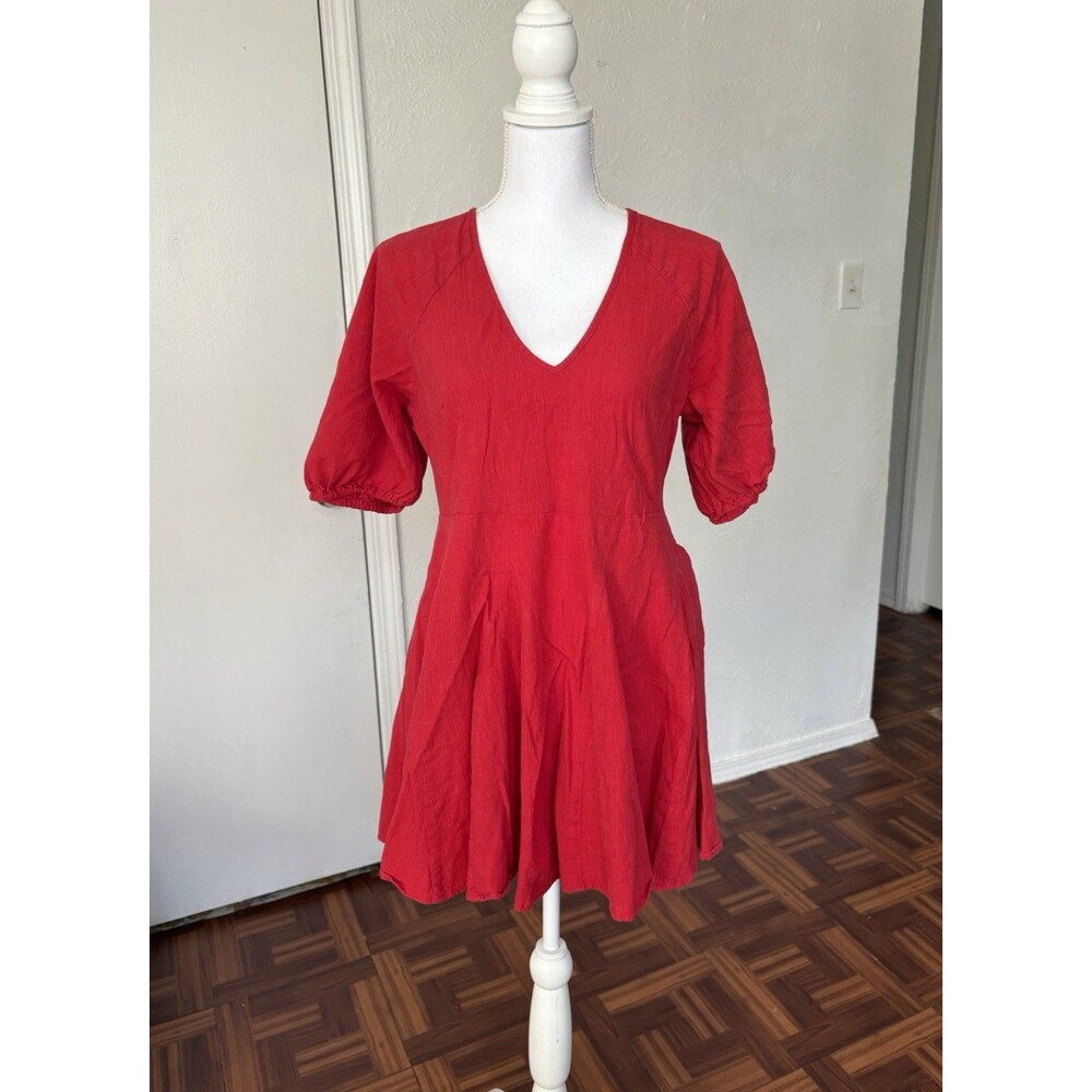 Universal Thread Red V-neck A-line Puff Sleeved Dress With Pockets Size Small